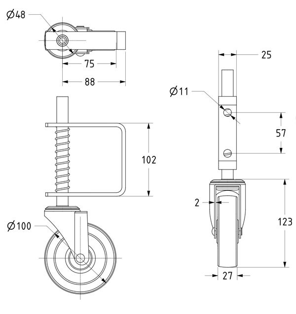 LIGHT DUTY SPRUNG GATE CASTOR (60kg)