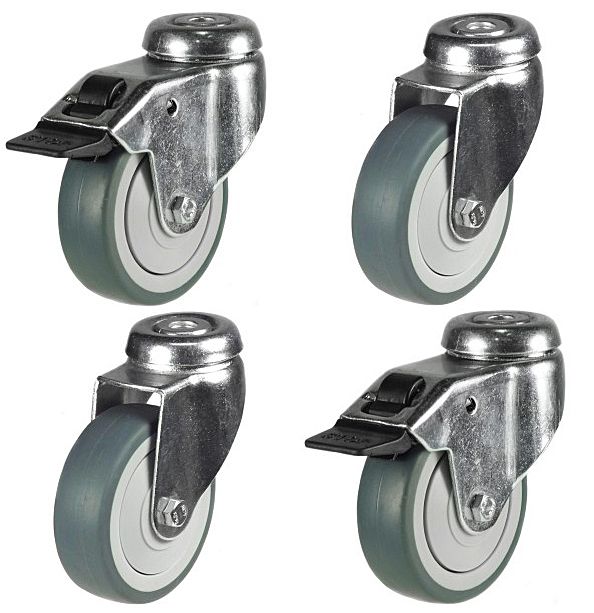 75mm Grey Non-Marking Rubber Apparatus Single Bolt Hole Fitting Castors (Set of 4)