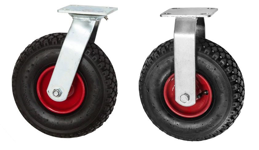 260mm Pneumatic Steel Centred Swivel & Fixed Castors (Large Plate) 200KG