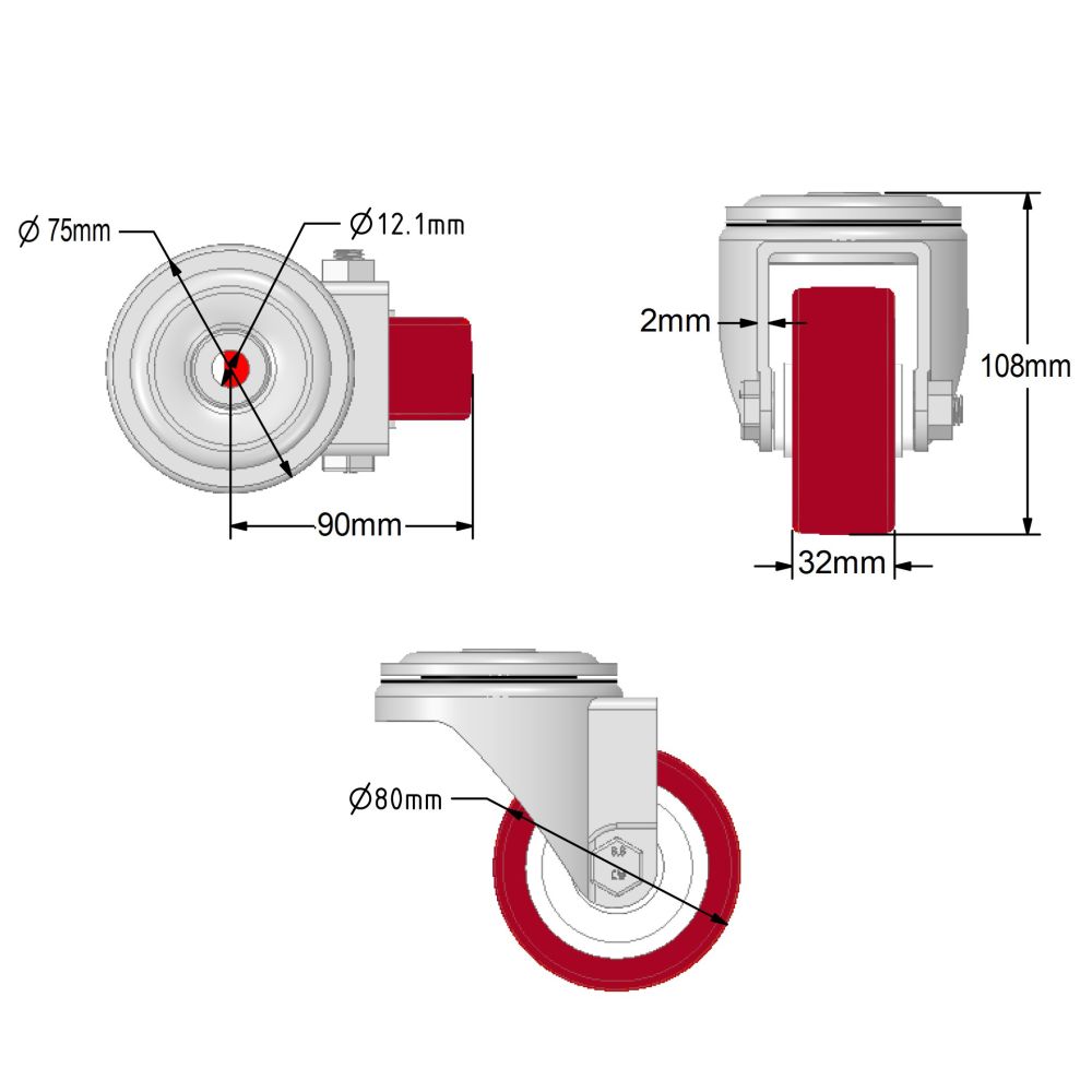 80mm Stainless Steel Single Bolt Hole Fitting Swivel & Braked Castors with Maroon Polyurethane/Nylon Wheel Set of 4 (300Kg per Set)