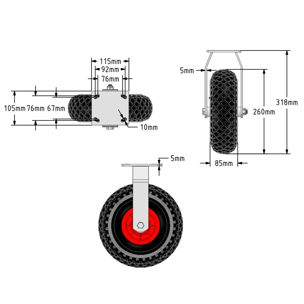 Puncture Proof Pneumatic Equivalent Castor 260mm Fixed Plastic Centred