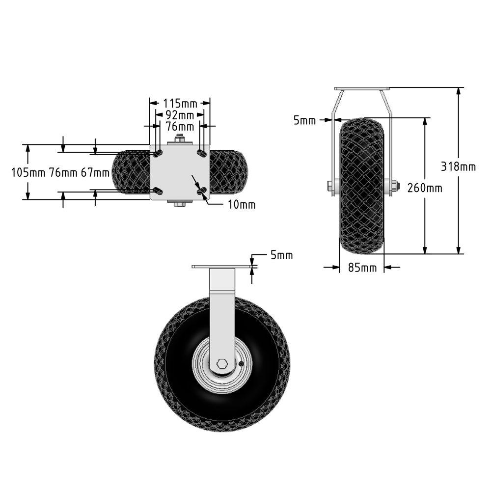 Pneumatic Castor 260mm Fixed Steel Centred