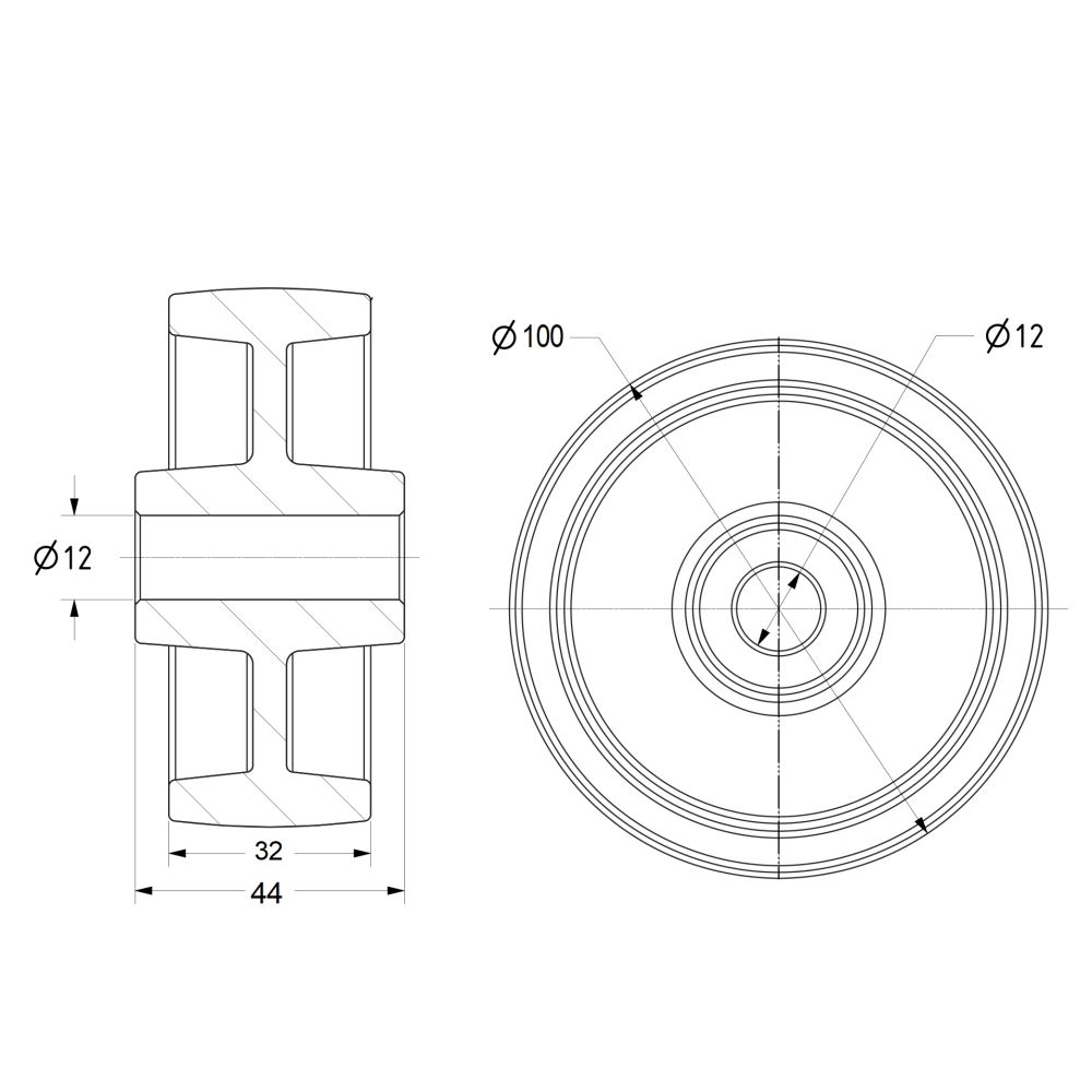 100mm High Temp Polymer Glass Fibre ﻿Wheel 12mm Plain Bore (260 °C)