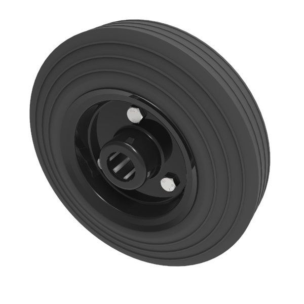 200mm Black Steel Centre, Rubber Tyre Trolley Wheel 1" (25.4mm) Roller Bearing Bore - 200Kg
