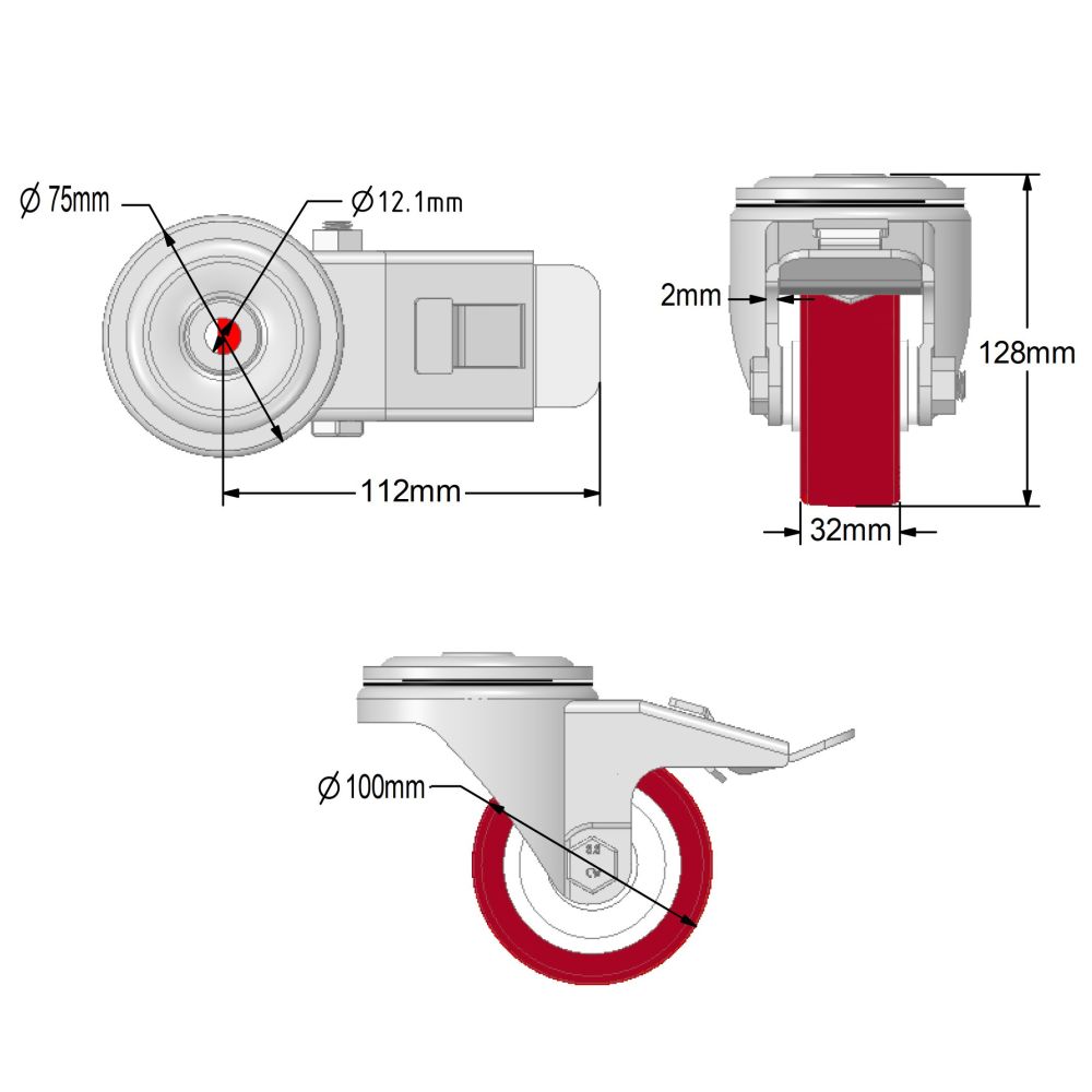 100mm Stainless Steel Single Bolt Hole Fitting Swivel & Braked Castors with Maroon Polyurethane/Nylon Wheel Set of 4 (450Kg per Set)