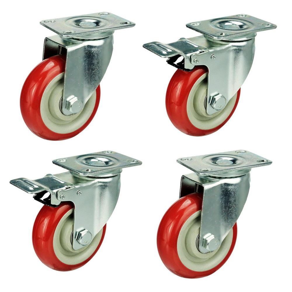 100mm Red Polyurethane Castors (Set of 4) 75x45 Bolt Centres (90kg)