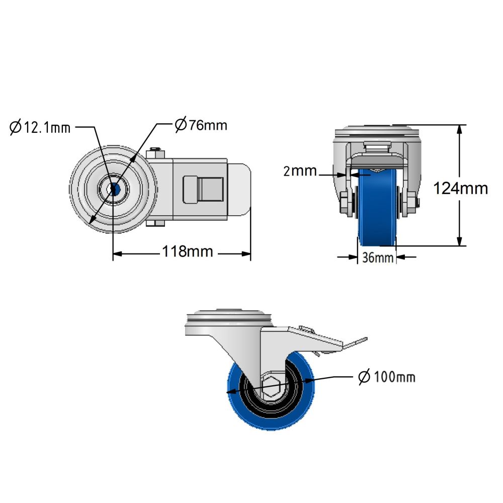 100mm Blue Elastic Rubber Single Bolt Hole Fitting Castors (Set of 4)