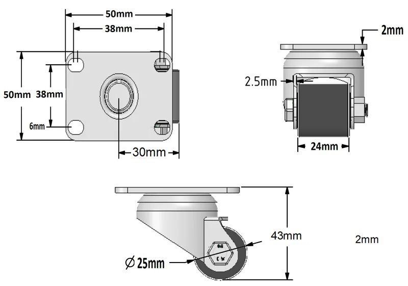 25mm Roller Bearing Bore Black Nylon Plate Fit Swivel Castor Set of 4 (Low Level) - 80kg per Castor
