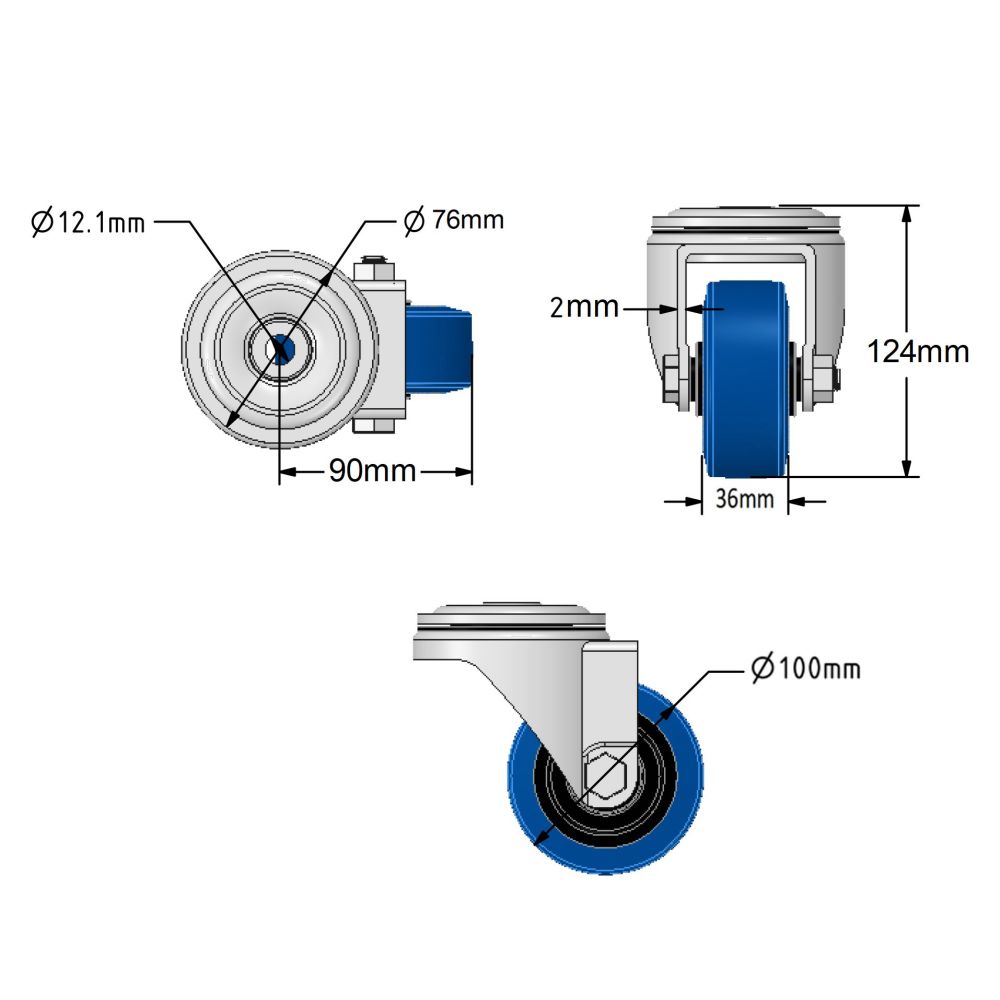 100mm Blue Elastic Rubber Single Bolt Hole Fitting Castors (Set of 4)