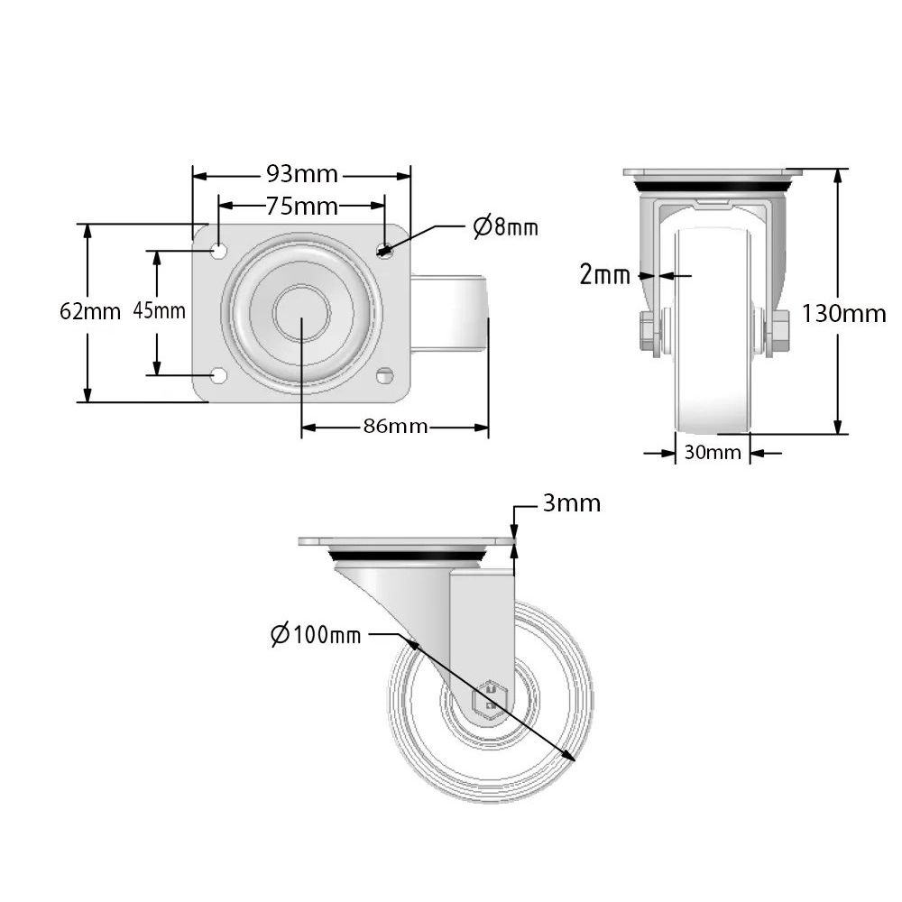 100mm White Polypropylene Castors (Set of 4) 75x45 Bolt Centres (90kg)