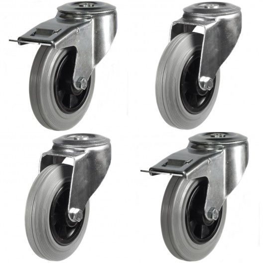 125mm Grey Non-Marking Rubber Single Bolt Fitting Castors (Set of 4)
