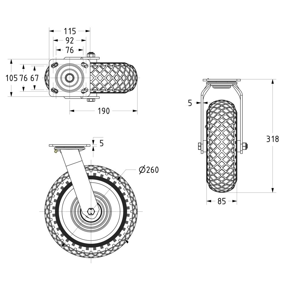 PL260 - 260mm Swivel & Fixed (Pneumatic/Steel) SET OF 4