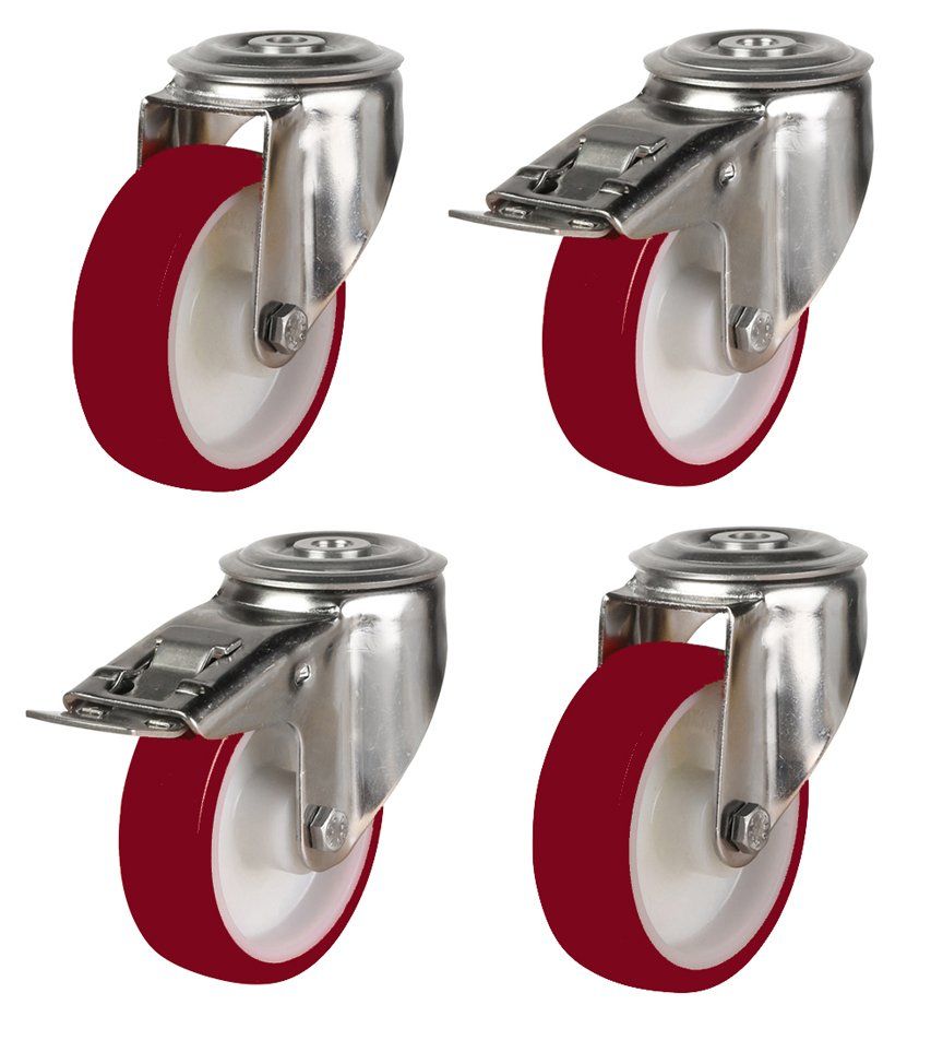 125mm Stainless Steel Single Bolt Hole Fitting Swivel & Braked Castors with Maroon Polyurethane/Nylon Wheel Set of 4 (450Kg per Set)