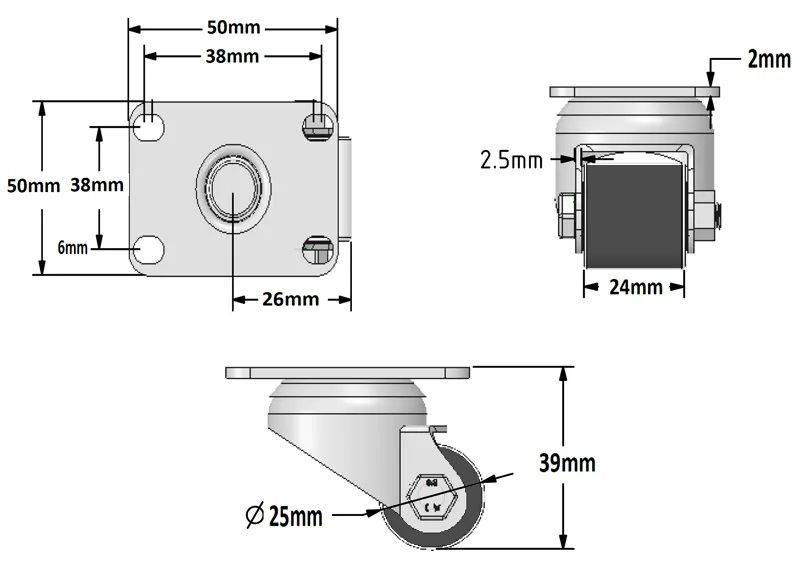 Heavy Duty 25mm Plain Bore Nylon Swivel Plate Fit Castor (LOW LEVEL) - 60kg
