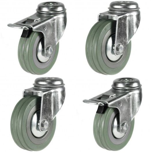 125mm Grey Non-Marking Rubber Economy Single Bolt Hole Fitting Castors (Set of 4)
