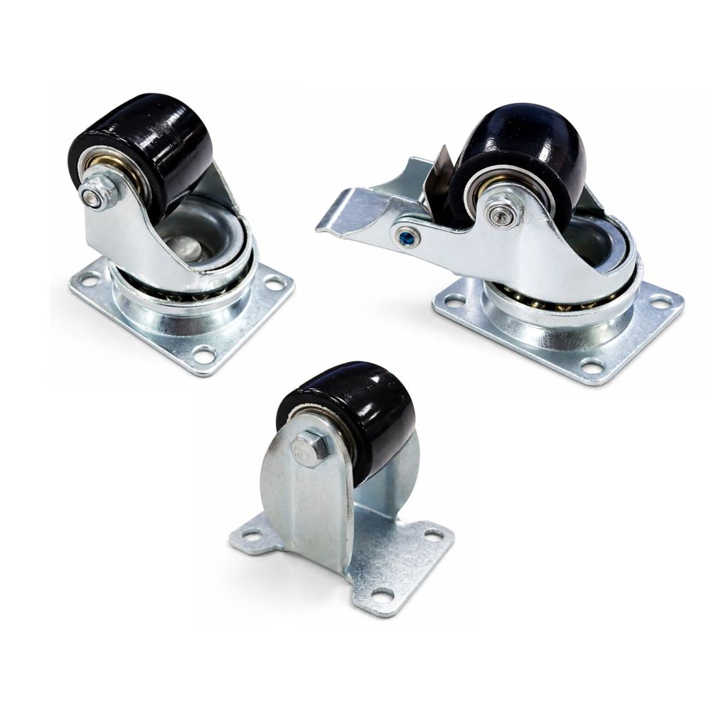 Heavy Duty Swivel, Brake & Fixed 35mm Black Polyurethane Wheel Plate Fit (LOW LEVEL)