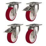 80mm Stainless Steel Swivel & Braked Castors with Non-Marking Maroon Polyurethane/Nylon Wheel Set of 4 (300Kg per Set)