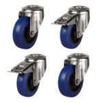 125mm Stainless Steel Single Bolt Hole Fitting Swivel & Braked Castors with Non-Marking Blue Elastic Rubber/Nylon Wheel Set of 4 (210Kg per Set)