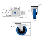 160mm Stainless Steel Swivel & Braked Castors with Non-Marking Blue Elastic Rubber/Nylon Wheel Set of 4 (1050Kg per Set)