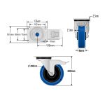 200mm Stainless Steel Swivel & Braked Castors with Non-Marking Blue Elastic Rubber/Nylon Wheel Set of 4 (1200Kg per Set)