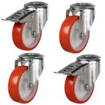 80mm Red Polyurethane Single Bolt Hole Fitting Castors (Set of 4)