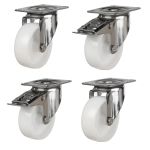 100mm Stainless Steel Swivel & Braked Castors with White Nylon Wheel Set of 4 (600Kg per Set)