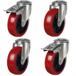 100mm Red Polyurethane Single Bolt Hole Fitting Castors (Set of 4)