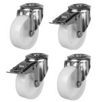 80mm Stainless Steel Single Bolt Hole Fitting Swivel & Braked Castors with White Nylon Wheel Set of 4 (450Kg per Set)