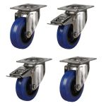 160mm Stainless Steel Swivel & Braked Castors with Non-Marking Blue Elastic Rubber/Nylon Wheel Set of 4 (1050Kg per Set)