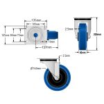 160mm Stainless Steel Swivel & Braked Castors with Non-Marking Blue Elastic Rubber/Nylon Wheel Set of 4 (1050Kg per Set)