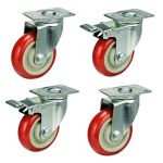 100mm Red Polyurethane Castors (Set of 4) 75x45 Bolt Centres (90kg)
