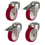 125mm Stainless Steel Single Bolt Hole Fitting Swivel & Braked Castors with Maroon Polyurethane/Nylon Wheel Set of 4 (450Kg per Set)